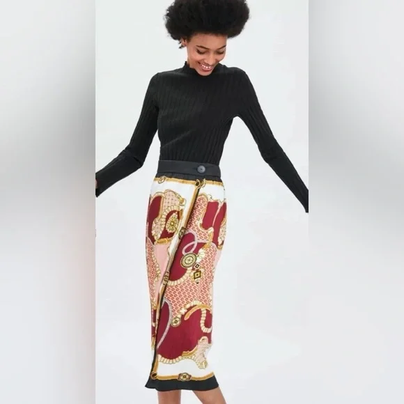 Zara Chain Print Pleated Midi Wrap Skirt, Size L-XL - Picture 3 of 14